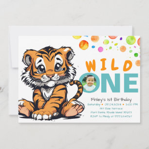 Wild One 1st Birthday Tiger Theme met Baby Foto's Kaart