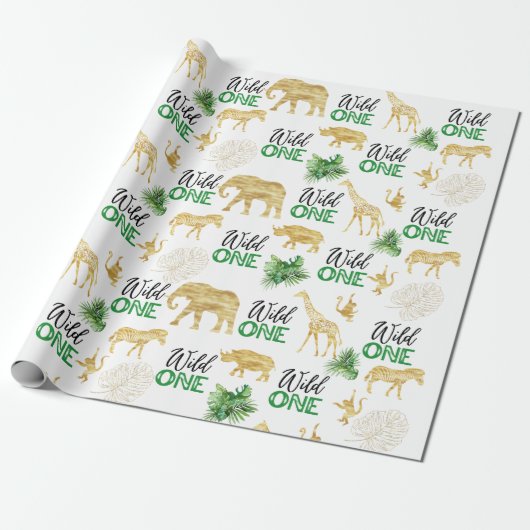 Wild One 1st Birthday Tropical Oerwoud Safari Cadeaupapier (Uitgerold)