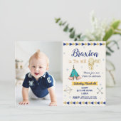 Wild One 1st Verjaardag Party Boy Tribal Navy Gold Kaart (Staand voorkant)