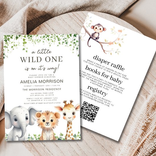 Wild One All in One QR Code Safari Baby shower Kaart