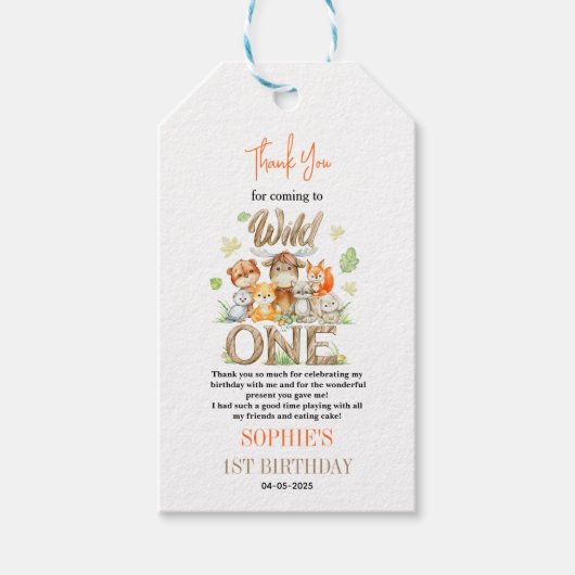 Wild One Animal 1st Birthday Party – Jungle Safari Cadeaulabel (Voorkant)