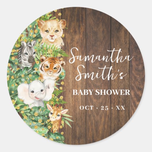 Wild One Animal Rustic Safari Gold Baby shower Ronde Sticker (Voorkant)