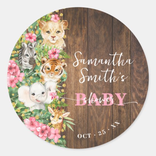 Wild One Animal Rustic Safari Pink Baby Shower Ronde Sticker (Voorkant)