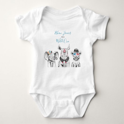 Wild One Animal Safari Zwart Wit Blauw Verjaardag Romper (Voorkant)