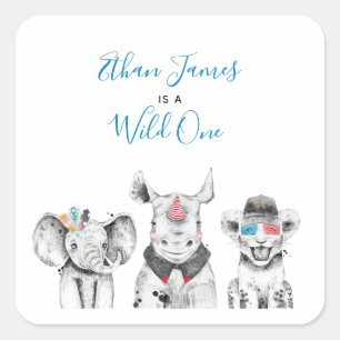 Wild One Animal Safari Zwart Wit Blauw Verjaardag Vierkante Sticker