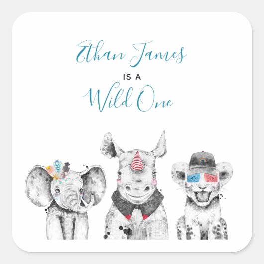 Wild One Animal Safari Zwart Wit Blauw Verjaardag Vierkante Sticker (Voorkant)