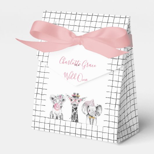 Wild One Animal Safari Zwart Wit Roze Verjaardag Bedankdoosjes (Voorkant Zijde)