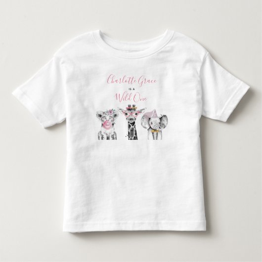 Wild One Animal Safari Zwart Wit Roze Verjaardag Kinder Shirts (Voorkant)