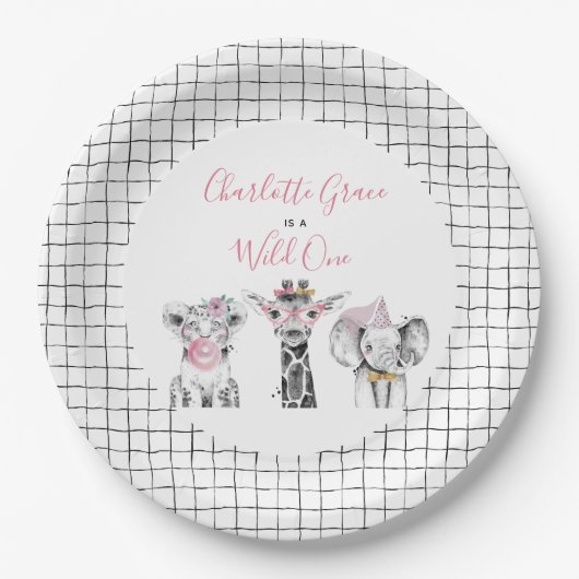 Wild One Animal Safari Zwart Wit Roze Verjaardag Papieren Bordje (Voorkant)