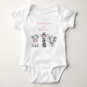 Wild One Animal Safari Zwart Wit Roze Verjaardag Romper
