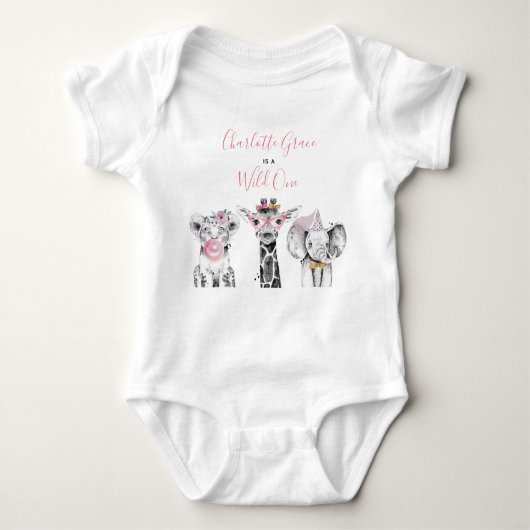 Wild One Animal Safari Zwart Wit Roze Verjaardag Romper (Voorkant)