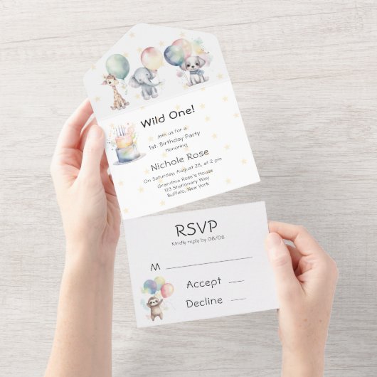 Wild One Animals 1st. verjaardagsfeestje All In One Uitnodiging (Afscheurbaar)