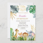 Wild One Animals Friends Tropical 1st Birthday Kaart<br><div class="desc">Deze eerste verjaardagsuitnodiging met waterverf wilde dieren en palmbladeren.</div>