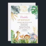 Wild One Animals Friends Tropical 1st Birthday Kaart<br><div class="desc">Deze eerste verjaardagsuitnodiging met waterverf wilde dieren en palmbladeren.</div>