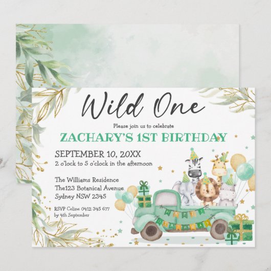 Wild One Animals Greenery Gold Safari 1 zaterdag Kaart (Voorkant / Achterkant)