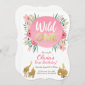 Wild One Animals Verjaardag Uitnodiging Floral Gol (Voorkant / Achterkant)