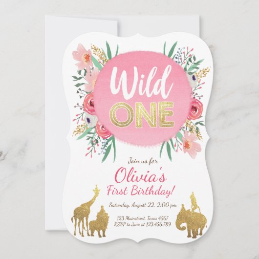 Wild One Animals Verjaardag Uitnodiging Floral Gol (Voorkant)
