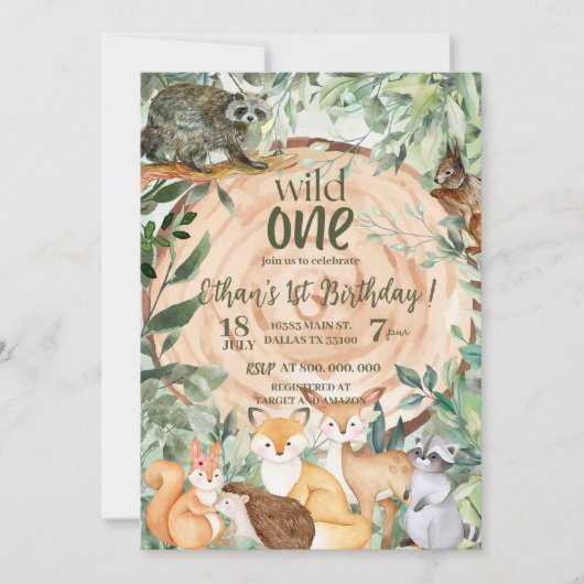 Wild One Animals Woodland 1e verjaardag uitnodigin Kaart (Voorkant)