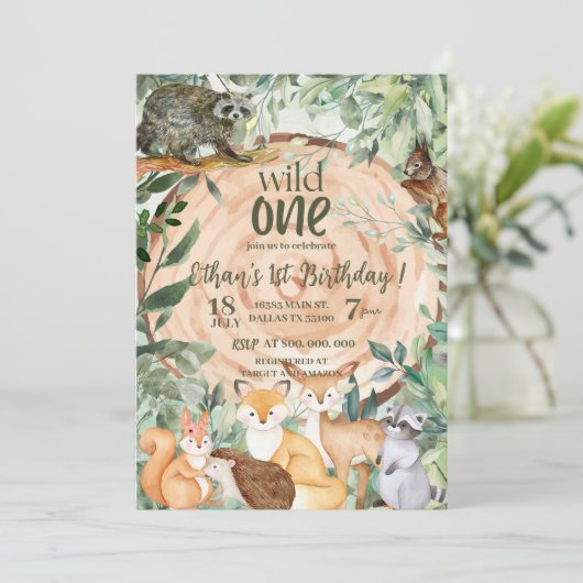 Wild One Animals Woodland 1e verjaardag uitnodigin Kaart (Staand voorkant)