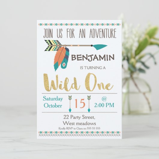 Wild One Arrow 1st Birthday Invitation for Boy Kaart (Staand voorkant)