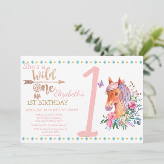 Wild One, Arrows, Pony Flowers Verjaardagsuitnodig Kaart (Staand voorkant)
