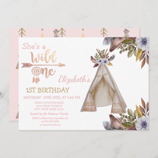 Wild One, Arrows, Tent, Flowers, Boho Birthday Kaart (Voorkant / Achterkant)