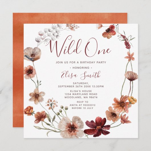 Wild One Autumn Boho Wildblobloemen Birthday Party Kaart (Voorkant / Achterkant)