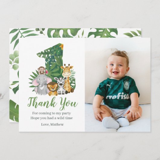 Wild One Baby 1st Birthday Oerwoud Safari Bedankkaart (Voorkant / Achterkant)