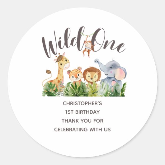 Wild One Baby Animals Oerwoud Safari 1ste verjaard Ronde Sticker (Voorkant)
