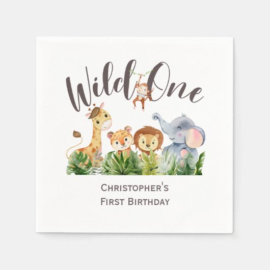 Wild One Baby Animals Oerwoud Safari 1ste verjaard Servet (Voorkant)