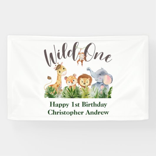 Wild One Baby Animals Oerwoud Safari 1ste verjaard Spandoek (Horizontaal)