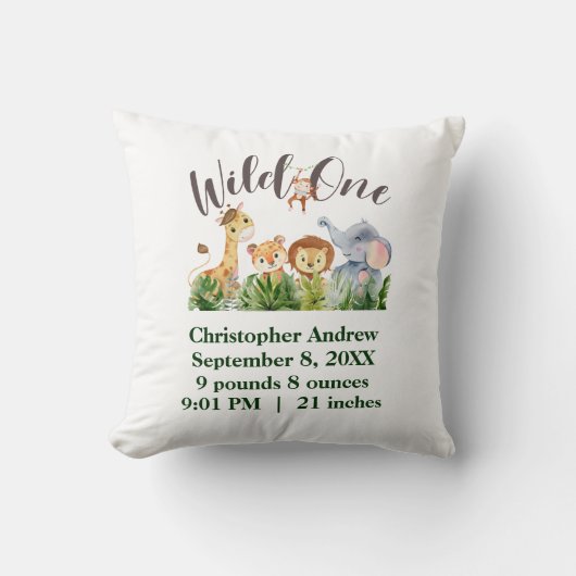Wild One Baby Animals Oerwoud Safari Birth Stats Kussen (Voorkant)