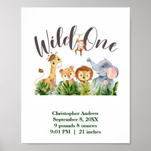 Wild One Baby Animals Oerwoud Safari Birth Stats Poster