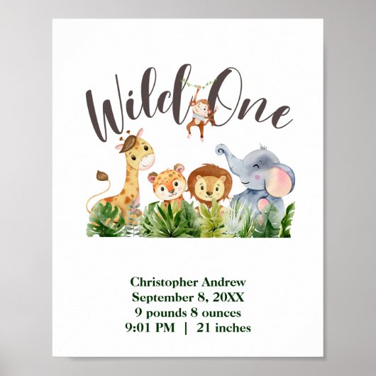 Wild One Baby Animals Oerwoud Safari Birth Stats Poster (Voorkant)