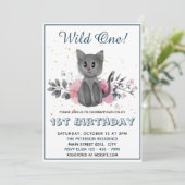 Wild One - Baby Cat and Flowers 1st Birthday Kaart (Staand voorkant)