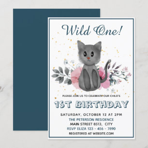 Wild One - Baby Cat and Flowers 1st Birthday Kaart