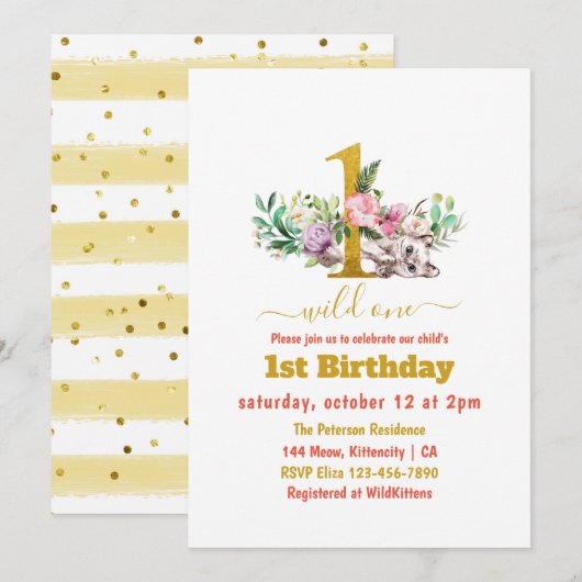 Wild One - Baby Cat and Flowers 1st Birthday Kaart (Voorkant / Achterkant)