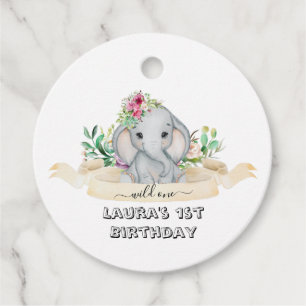 Wild One - Baby Elephant and Flowers 1st Birthday Bedankjes Labels