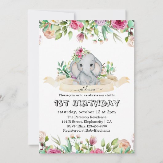 Wild One - Baby Elephant and Flowers 1st Birthday Kaart (Voorkant)