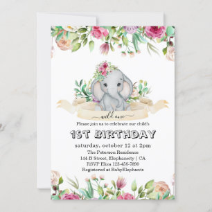Wild One - Baby Elephant and Flowers 1st Birthday Kaart