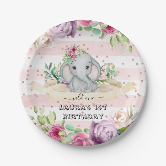 Wild One - Baby Elephant and Flowers 1st Birthday Papieren Bordje (Voorkant)