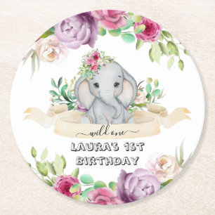 Wild One - Baby Elephant and Flowers 1st Birthday Ronde Kartonnen Onderzetter