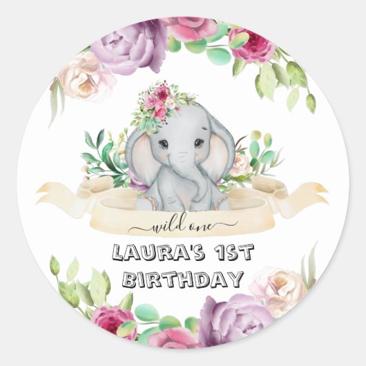 Wild One - Baby Elephant and Flowers 1st Birthday Ronde Sticker (Voorkant)