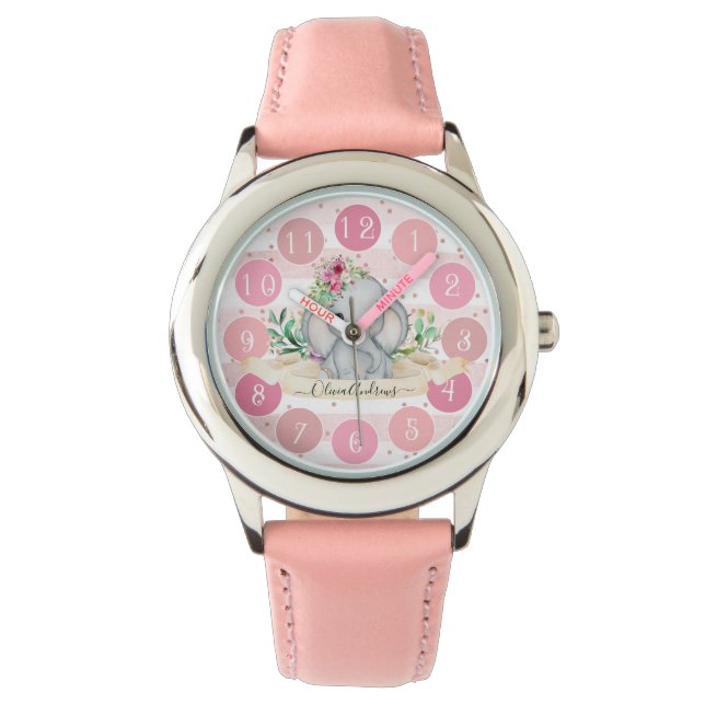 Wild One - Baby Elephant and Flowers Cute Girl Horloge (Voorkant)