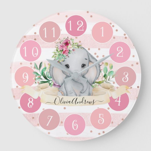 Wild One - Baby Elephant and Flowers Large Clock Grote Klok (Voorkant)