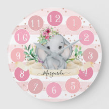 Wild One - Baby Elephant and Flowers Large Clock