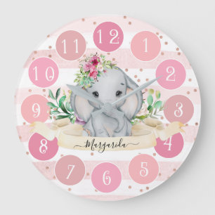 Wild One - Baby Elephant and Flowers Large Clock Grote Klok