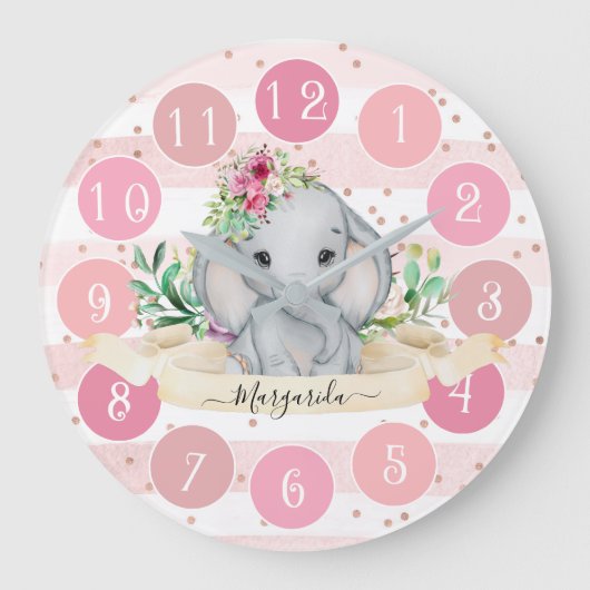 Wild One - Baby Elephant and Flowers Large Clock Grote Klok (Voorkant)