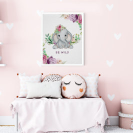Wild One - Baby Elephant and Flowers Poster