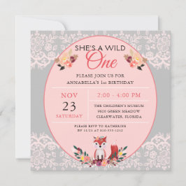 Wild ONE Baby Girl Fox Flowers & Lace  Kaart